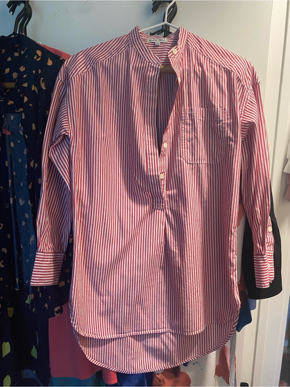 Alex Mill Red & White Striped Mandarin Color Button Down Shirt - Size Small